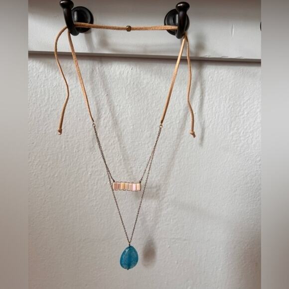 Boho Blue Stone and faux Opal Layered Double Chain Necklace,‎ adjustable, 16-18” - Picture 1 of 2